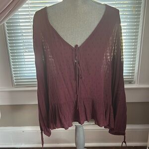 American Eagle Sheer Maroon Top with Front and Sleeve knots